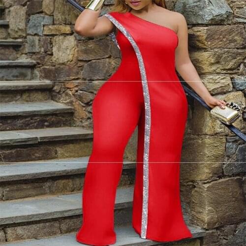 New Red Sequined Detail Women Irregular Jumpsuit Sleeveless Sexy One Shoulder Wide Leg Party Club Overalls Floor Jumpsuits 2021