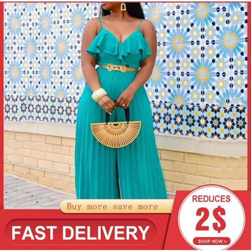 2021 Summer European American Womens Fashion Jumpsuit Sexy Sling Pleated Wide Leg Pants Ruffled Solid Color V-neck High Waist