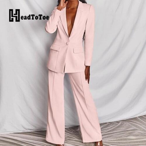 Single Button Long Sleeve Blazer Tops & Pants Set Women Casual Two Piece Set