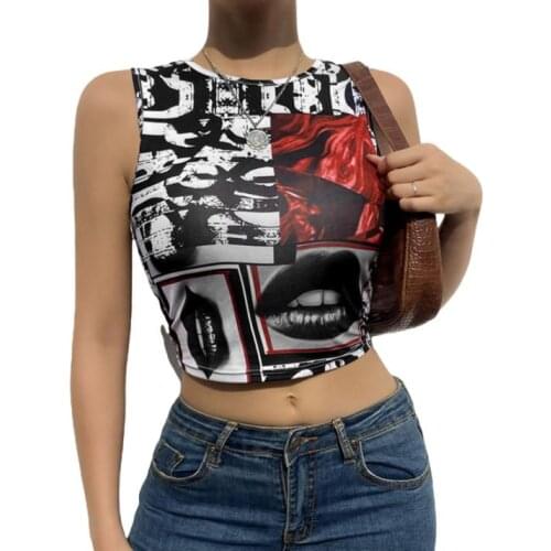 Women’s Causal Round Neck Vest Fashion Abstract Lips Printing Exposed Navel Sleeveless Tops