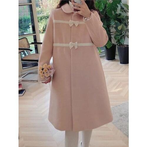Bella Philosophy 2021 Sweet Pink Woolen Coat Female Long Bow Japanese Cute Loose Wool Blend Outwear Lolita Coat casacos feminos