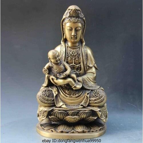 12 Buddhism Brass Copper Send Boy Guan Yin Kwan-yin Boddhisattva Goddess Buddha