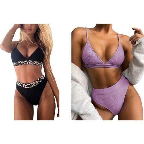 2Set High Waist Bikini Ribbed Swimsuit Purple M With Ladies Swimsuit Leopard Print Bikini Split Bikini Black M