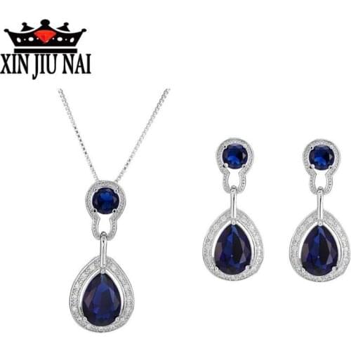 2020 Hot Sale New Exquisite Luxury Drop-shaped Sapphire Banquet Ball Necklace Earrings European and American Style Jewelry Set