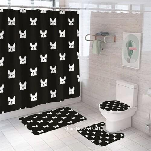 Simple Cartoon Black and White 4 Pieces Waterproof Shower Curtain Set Non-slip Carpet Set Pedal Carpet Toilet Lid Bathroom Mat