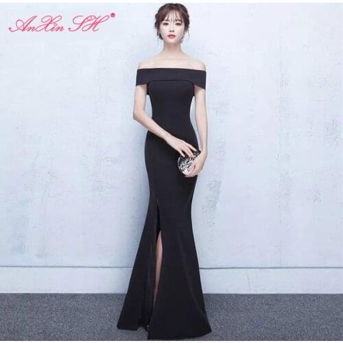 AXJFU princess black chiffon mermaid evening dress party sexy boat neck zipper trumpet black evening dress little black dress