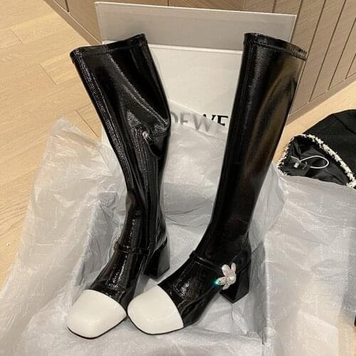 Brand Design Skidproof Sole Cozy Chunky Heels Fashion Elasticity Leisure Cool Autumn Winter Knee High Martin Boots Shoes Women
