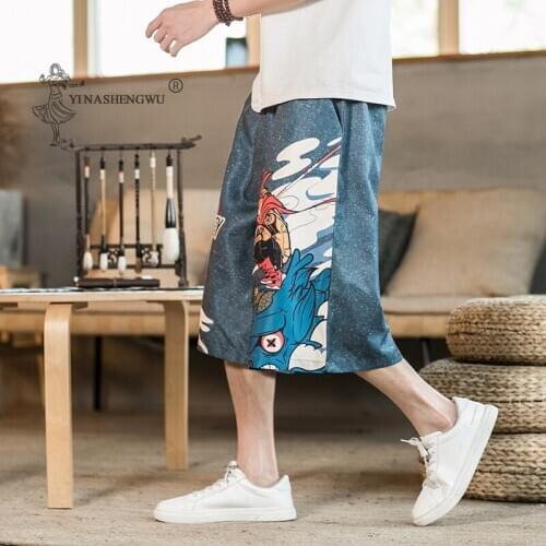 Japanese Style Harajuku Plus Size Men Trousers Crane Samurai Costume Loose Japan Fashion Capris Women Bloom Pants Asian Haori