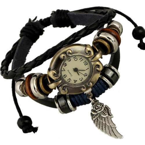 Top New Hot Sale High Quality Women Genuine Leather Vintage Bracelet Wristwatches Wing Pendant Watch Man Student School