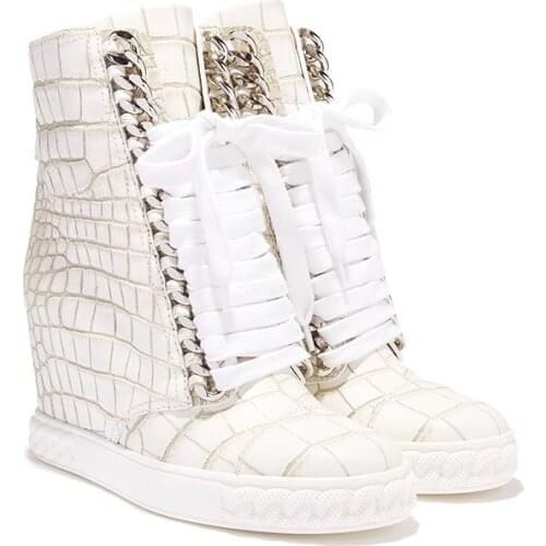 Spring Autumn Women Back Zip Increased Heel Boots Round Toe Metal Chains Lace Up High Top Casual Street Shoes