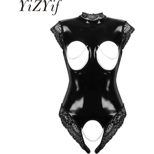 Erotic Bodysuit Sexy Leotard Cupless Crotchless Teddy Lingerie Femme Black Wetlook Pvc Latex Catsuit Gothic Women Porno Costume