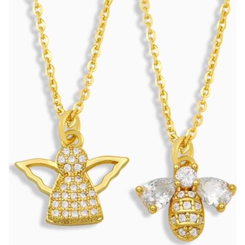 FLOLA Cute Angel Necklace For Women Gold Vermeil Animal Fairy Bee Pendant Necklace CZ Cubic Zirconia Wholesale Jewelry nkeu22