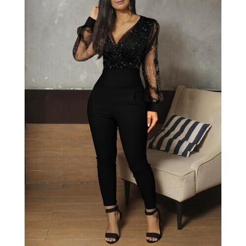 Ninimour Sheer Mesh Glitter Ruched Wrap Jumpsuit Women Ropmers Long Sleeve V Neck Skinny Fit One Piece Overalls Jumpsuit