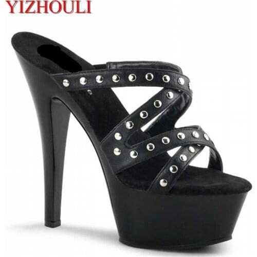 PU fabrics, 15 cm, summer high heels, riveted beauty club banquet, sandals