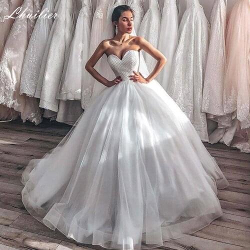 Lhuilier Womens Strapless Ball Gown Tulle Wedding Dresses 2020 Floor Length Pearls Beaded Bridal Gowns Sweep Train