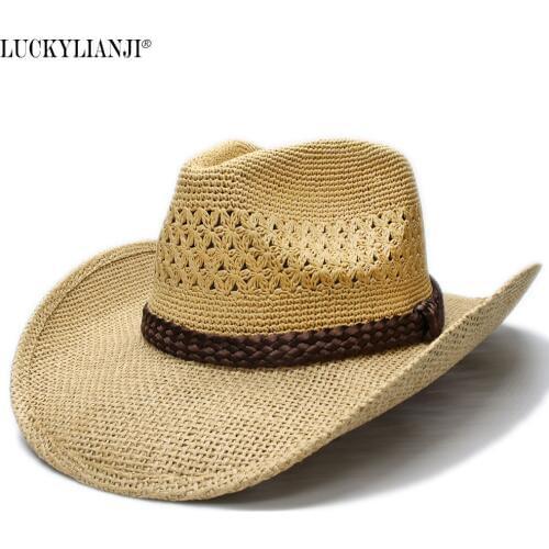 LUCKYLIANJI Womens Mens Unisexs Hard Raffia Hollow Wide Brim Sun Beach Cowboy Hat Braided Rope Band (56-58cm)
