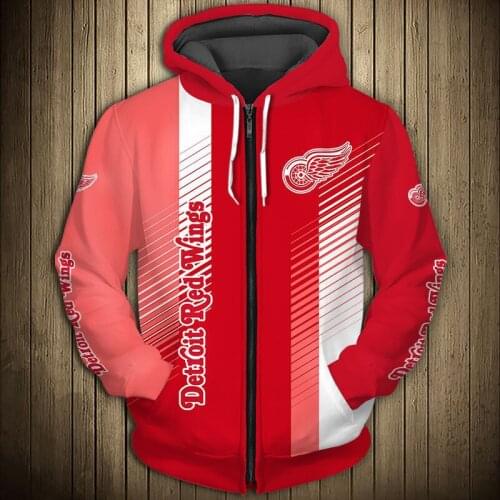 Detroit mens casual 3D zipper hoodie Stitching stripes design flame wings print Red Wings sweatshirt