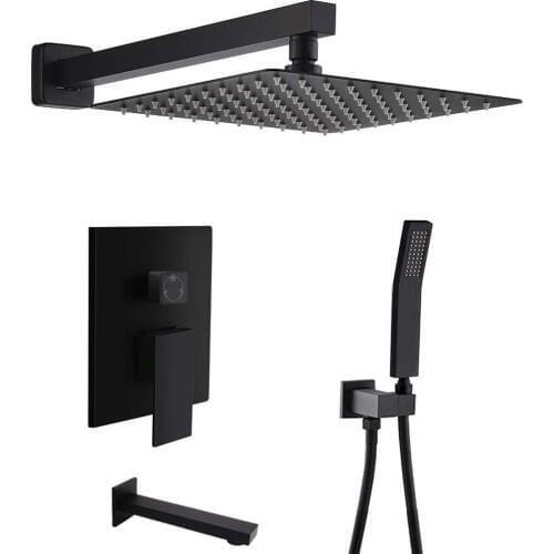 Wall Mounted Matt Black Bathroom Luxury Rain Mixer Shower Combo Set with Tub Spout 10 Inch Shower Head and Handheld Complete Set
