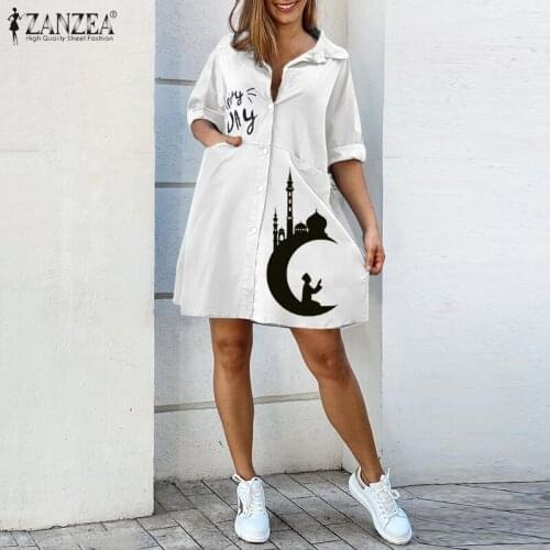 ZANZEA Retro Women Dress 2021 Summer Cotton Linen Mini Vestidos Casual Solid Print Loose Sundress Lady Lapel Robe