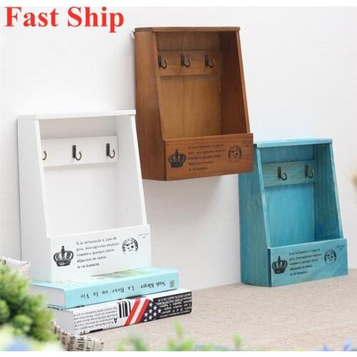 Retro Wall Mounted Storage Box Wooden Box Organizer Key Hanging Hooks Mail Box Storage Box Small Objects Shelf Hanging Basket