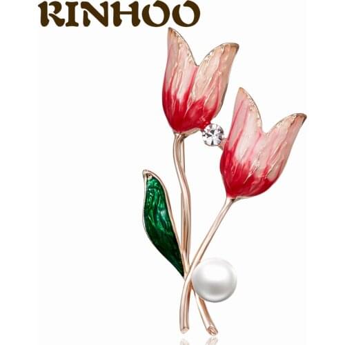 RINHOO Small Pearl Rhinestone Tulip Brooches For Women Classic Flower Plant Brooch Pins Gift Quality Jewelry Accessories