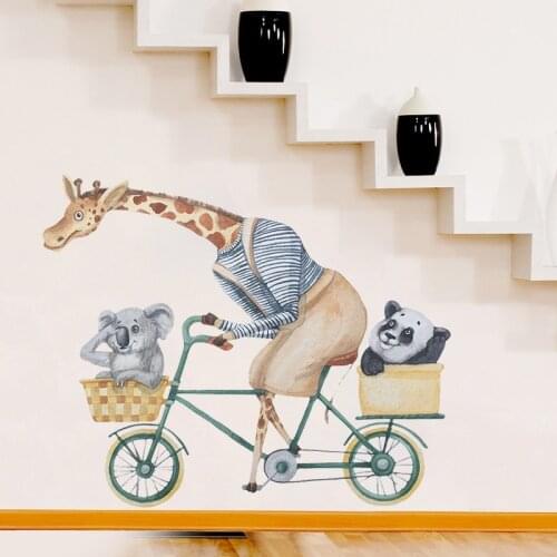 Giraffe Ride Bike Panda Removable Wall Decal Cartoon Animal Vinyl Stickers Kids Living Room Home Decor Nursery Decoration Mural