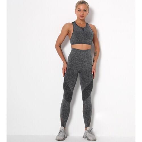 New Seamless Knitted High Waist Hip Sexy Hollow Yoga Wear Bra Set sSports Running Fitness Pants Seamless Gym Running Leggings