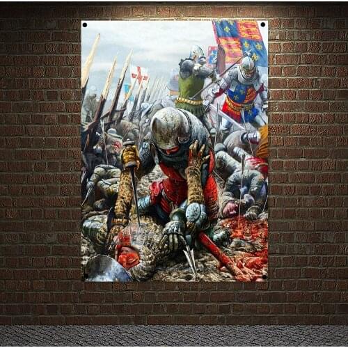 Ancient Military Posters Templar Knight On Horse Banners Retro Print Art Crusader Flags Canvas Painting Wall Hanging Home Decor