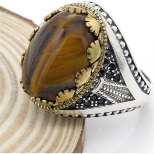 Turkish 925 sterling silver black spinel ring men tiger eye ring men hot jewelry