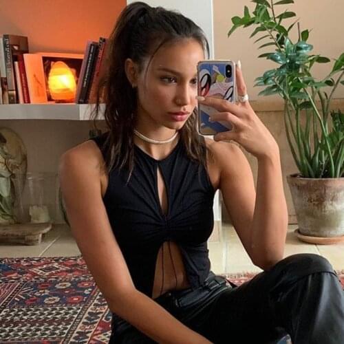 Solid Color Sexy Hollow Exposed Navel Tank Top Women Ladies Summer Wild Soft Thin Round Collar Pleated Drawstring Vest