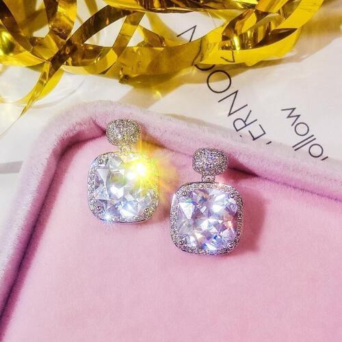 Exquisite Women 925 sterling silver Statement Earrings for Wedding Engagement Big Square Crystal Drop Earring Jewelry