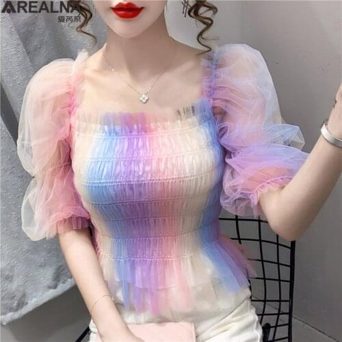 Summer Lace mesh patchwork Blouse Sexy Square collar rainbow colors shirts Women Elegant slim Puff short Sleeve Tops Pullover
