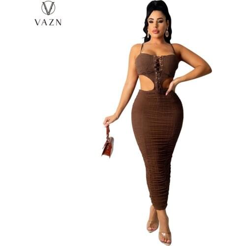 VAZN 2021 Top Sale Hollow Out Open Solid Spaghetti Strap Sexy Night Party Sexy Club Birthday Long Dress Elegant Women Dress