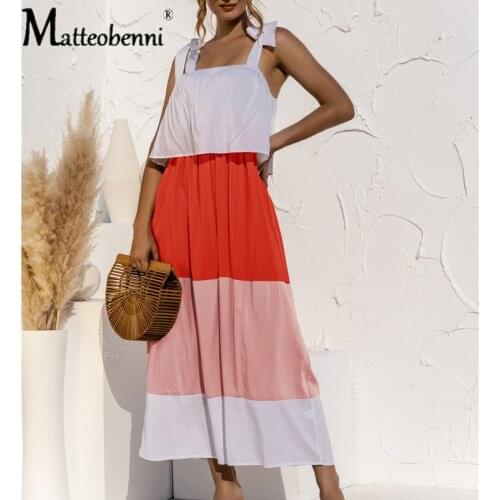2021 Summer Vacation Beach Sexy Strap Maxi Dress Color Patchwork Ruffles Sleeveless Long Party Dress Robe Vestidos Female Dress