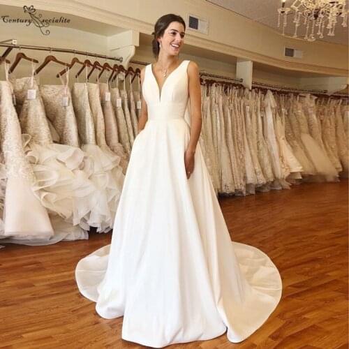Simple Satin Wedding Dresses 2020 V-Neck Open Back Pockets Sweep Train Elegant Bridal Gowns Bride Dress Vestido De Noiva Cheap