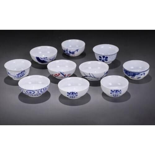 10pcs/set Chinese Kung Fu Drinkware Kitchen Drinking Tool Tea Culture Ceramic Tea Cup Blue and White Porcelain Teacup