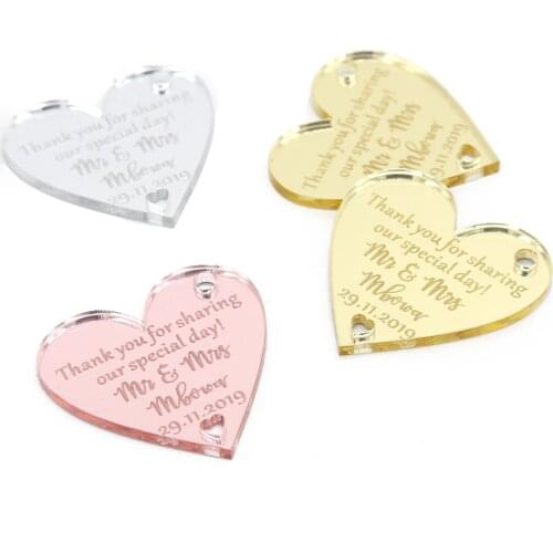 100Pcs Personalized Wedding Couple Name Love Hearts Mirror Hang Tags Engagement Anniversary Party Gift Tag Supplies Decor Favors