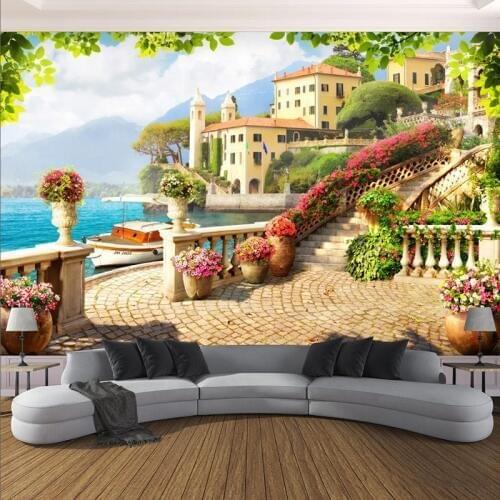 3D Wallpaper Garden Balcony Lake Scenery Building Photo Wall Murals Living Room Dining Room Waterproof Canvas Wall Painting 3 D