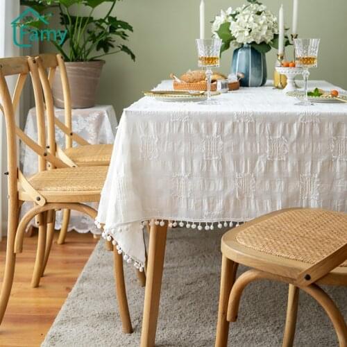 French Romantic Wedding Tablecloth Cotton and Linen Cut Flowers Wool Ball Tassel White Table Cloth Coffee Table for Living Room