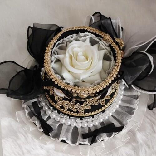 Exquisite Lolita Top Hat With Lace Ribbon Bowknot Vintage Lace Bow Pearl Pendant Tea Party Cap Hair Clip Anime Cosplay Headpiece