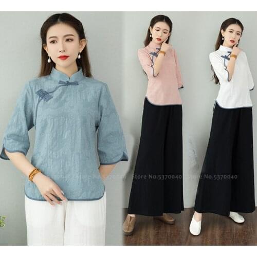 Women Chinese Style Hanfu Cotton Linen Tang Suit Qipao Tops Shirts Wide Leg Pants Trousers Yoga Zen Tea Oriental Clothing Set