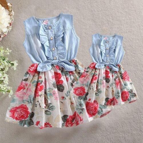 Summer Mother and Daughter Dresses Family Matching Clothes Women Kids Girl Ruffles Sleeveless Floral Dress Elegant Flower Outfit