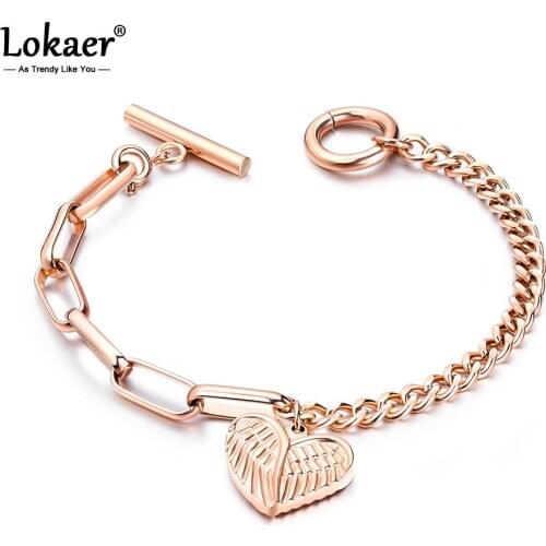 Lokaer Fashion Beautiful Cute Love Angel Wings Bracelets Stainless Steel Heart Charm Rose Gold Color Bracelet Jewelry B18102