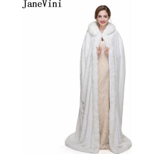 JaneVini Princess Bolero White Fur Cape Winter Hooded Long Faux Fur Wrap For Brides Wedding Shrug Jacket Party Cloaks Shawl 2018