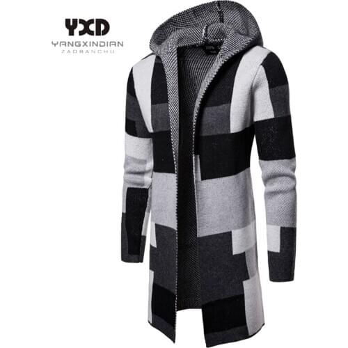 Mens Patchwork Man Long Cardigan Sweater Mens Streetwear Cardigans Knitted Sweaters Hoodie Mans clothes Men Coat Male Outwear