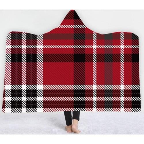 Red Geometric Stripe Plaid Print Wearing Cape Double Layer Plush Soft Warm Bedroom Living Room Nap Cashmere Hooded Blanket