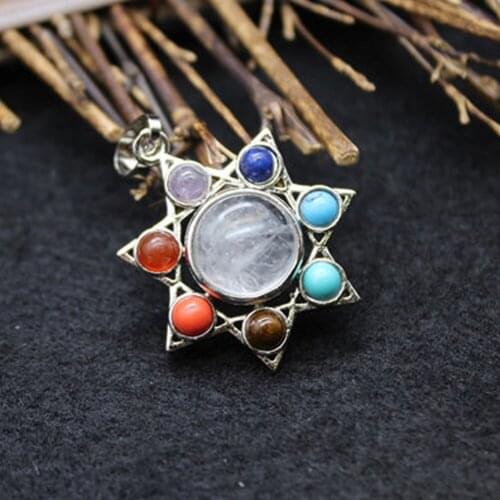 New Style 6pcs/Lot Natural Stone Seven Colors Chakra Sun Flower Pendant Reiki Healing Lapis Lazuli Malachite Necklace Hand Made