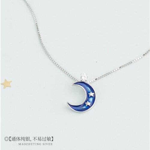 S925 Sterling Silver With Dripping Glaze Blue Moon For Female Necklace Simple Wild Student Clavicle Chain Valentines Day Gift