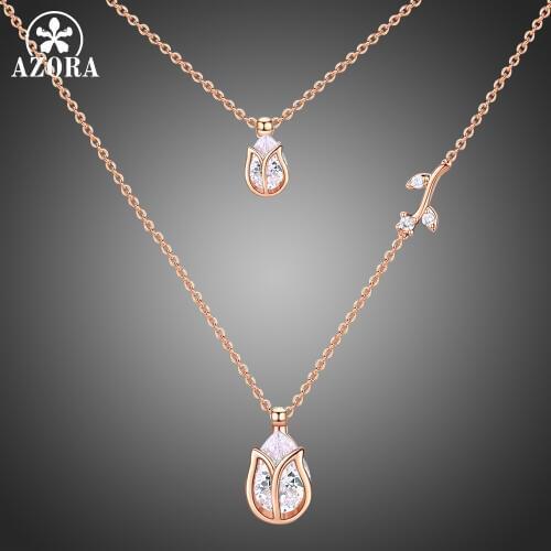 AZORA Luxury Two Lotus Pear Cut Clear Cubic Zirconia Pendant Necklaces for Women Female Bride Jewelry Accessories TN0249