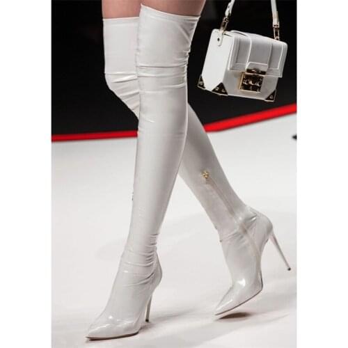 Sexy Pointy Toe Over The Knee Boots White Burgundy Shinny Leather Tight High Boots Zipper Thin Heels Slim Fit Party Dress Shoes